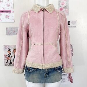 Y2K Baby Pink Faux Suede Sherpa Trim Zip-Up Jacket